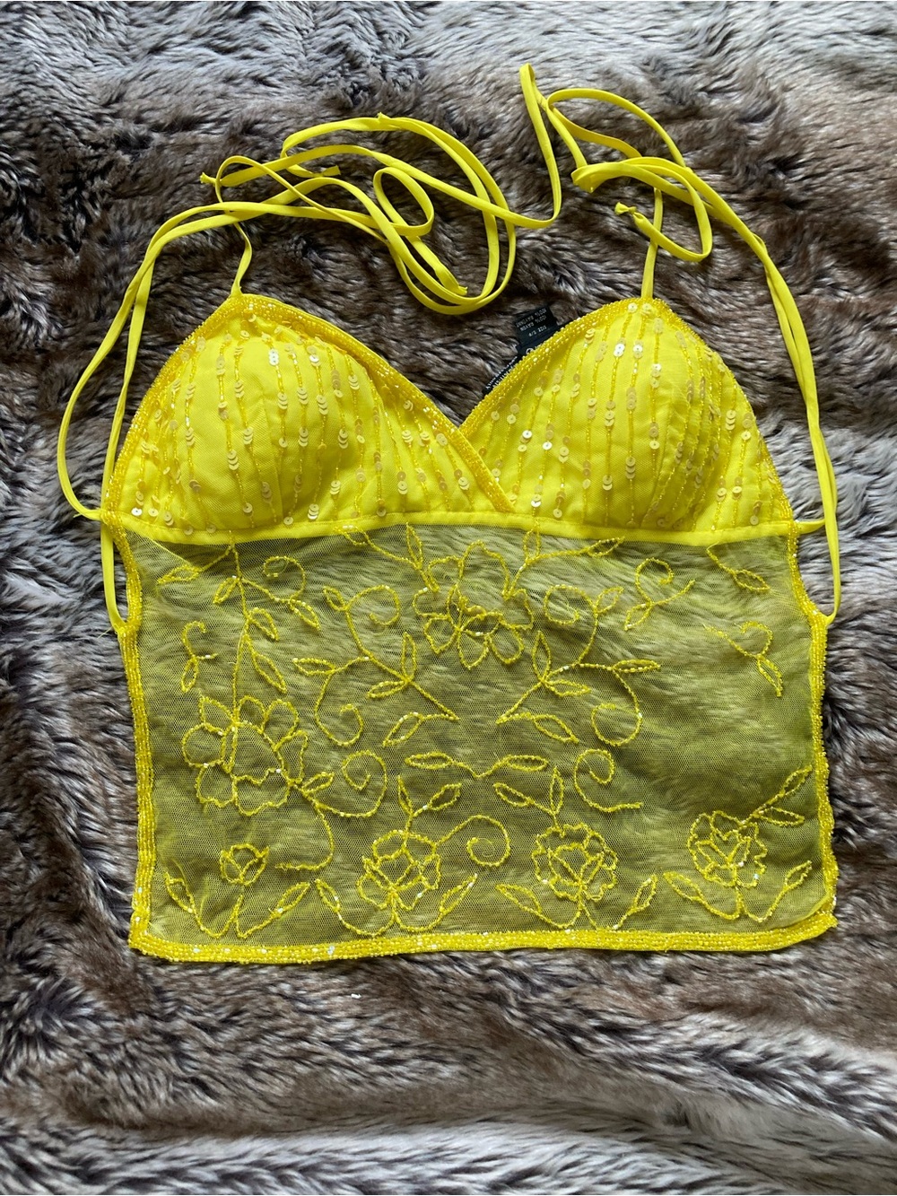 Beautiful Yellow Embroidered Mesh Seductions Halter with Sequin Cups